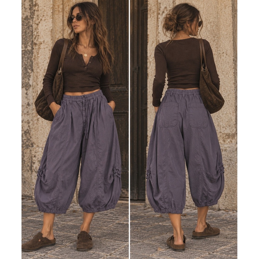 Free People Calle Balloon Barrel Crop Lavender Grey Pants Artsy Lagenlook Boho